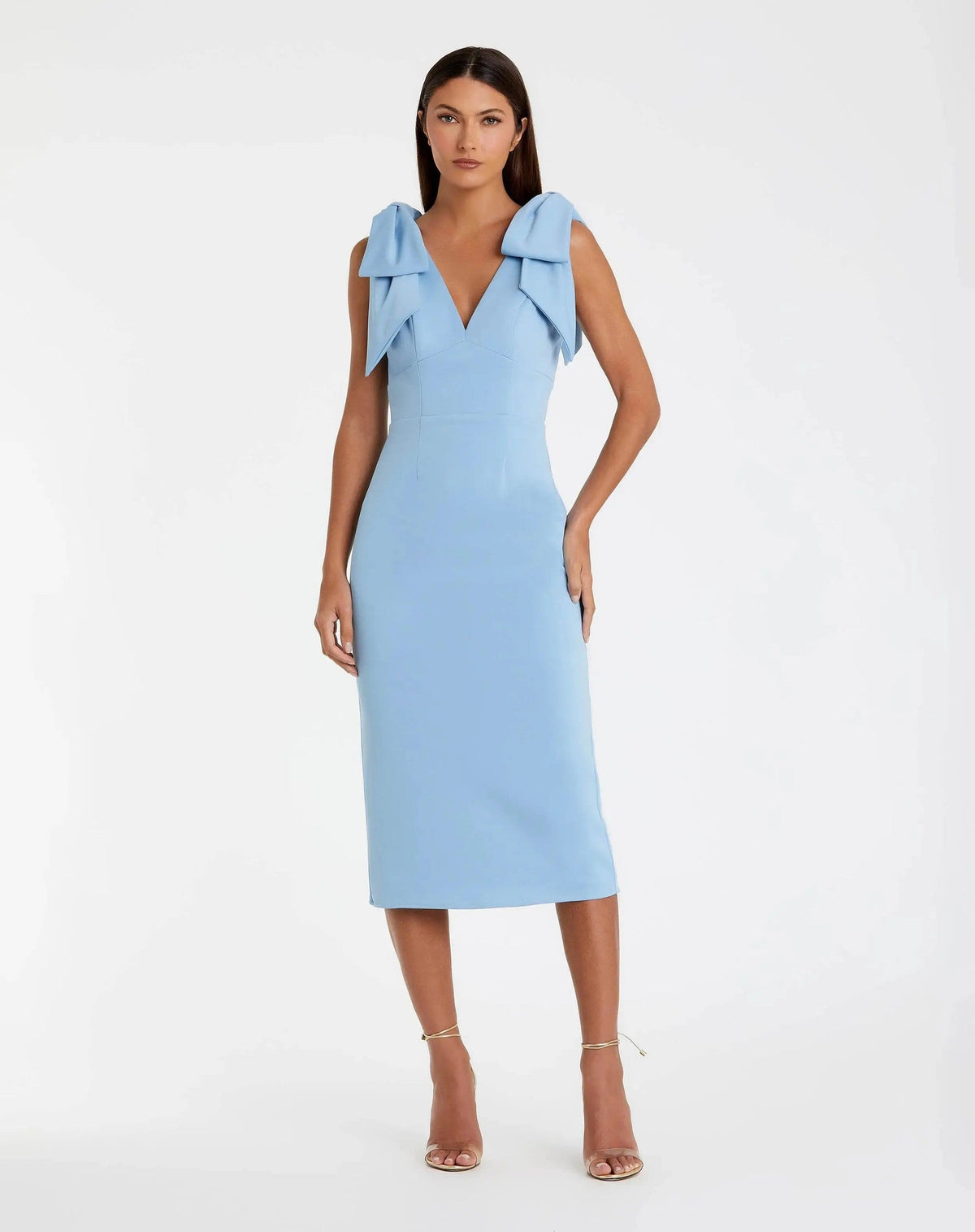 Powder Blue Sleeveless Crepe Midi Dress With Bow Straps