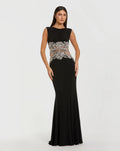 Black Sleeveless Jersey Gown With Beaded Waist Detail