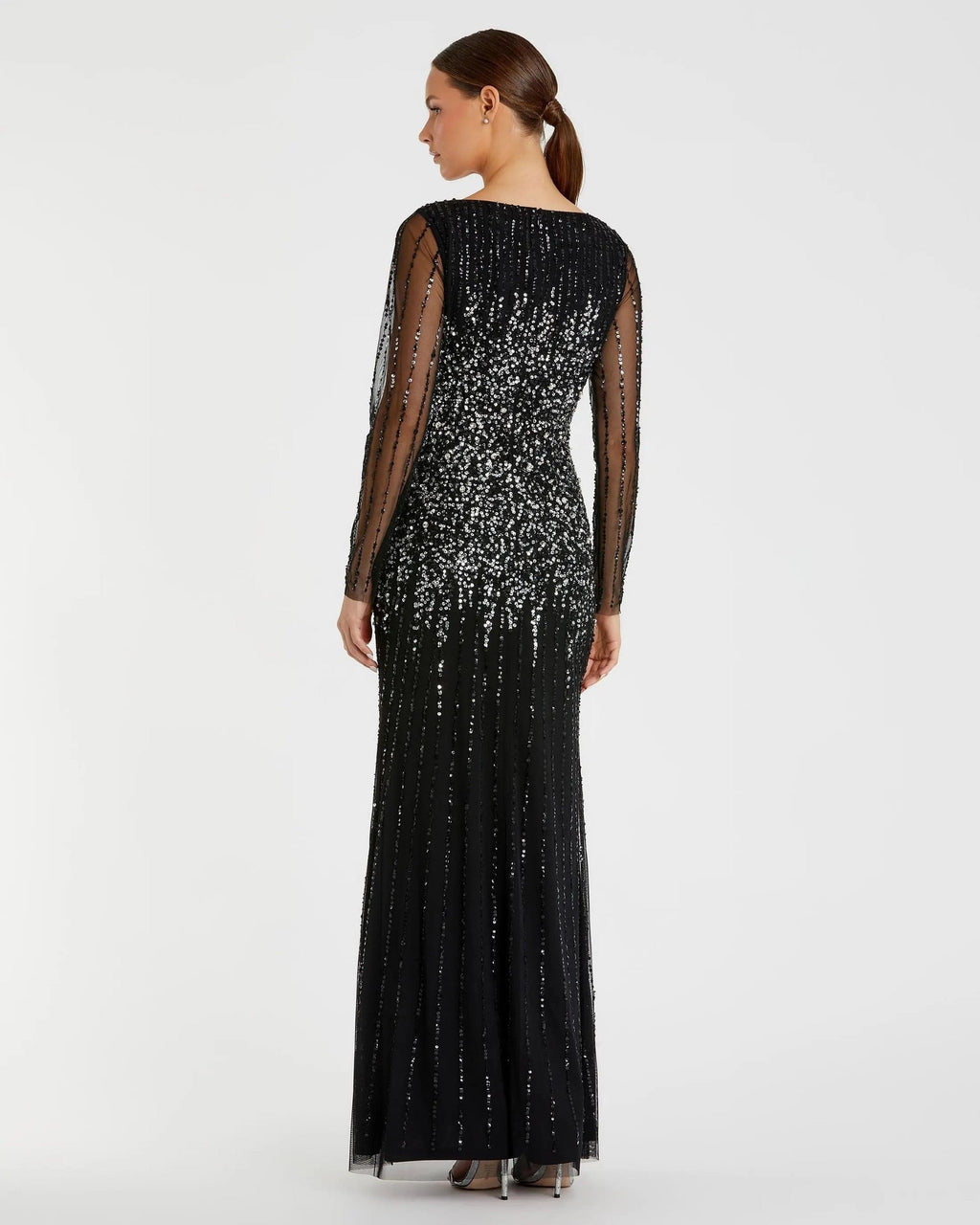 Black Sequin Embellished Long Sleeve A-Line Gown