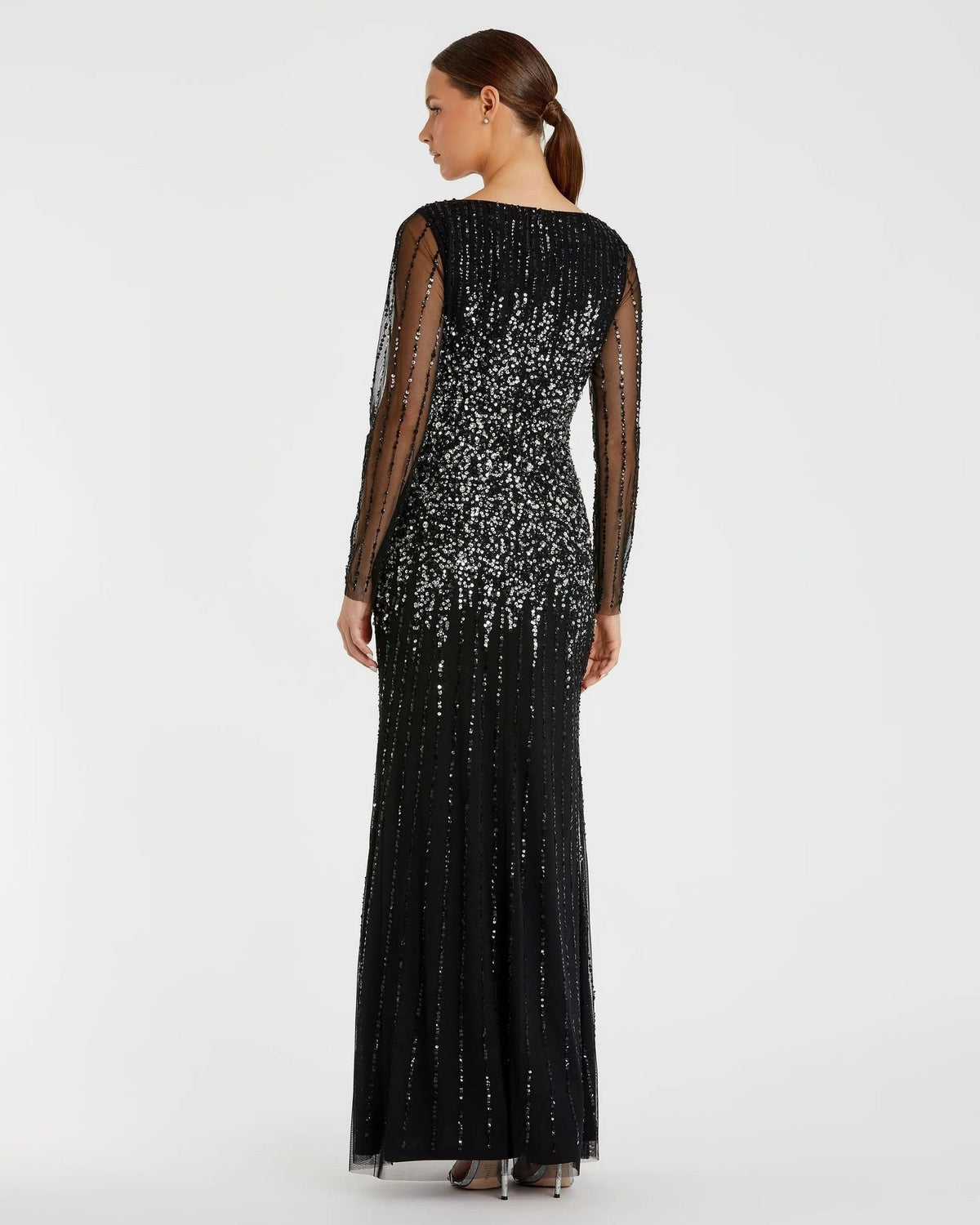 Black Sequin Embellished Long Sleeve A-Line Gown