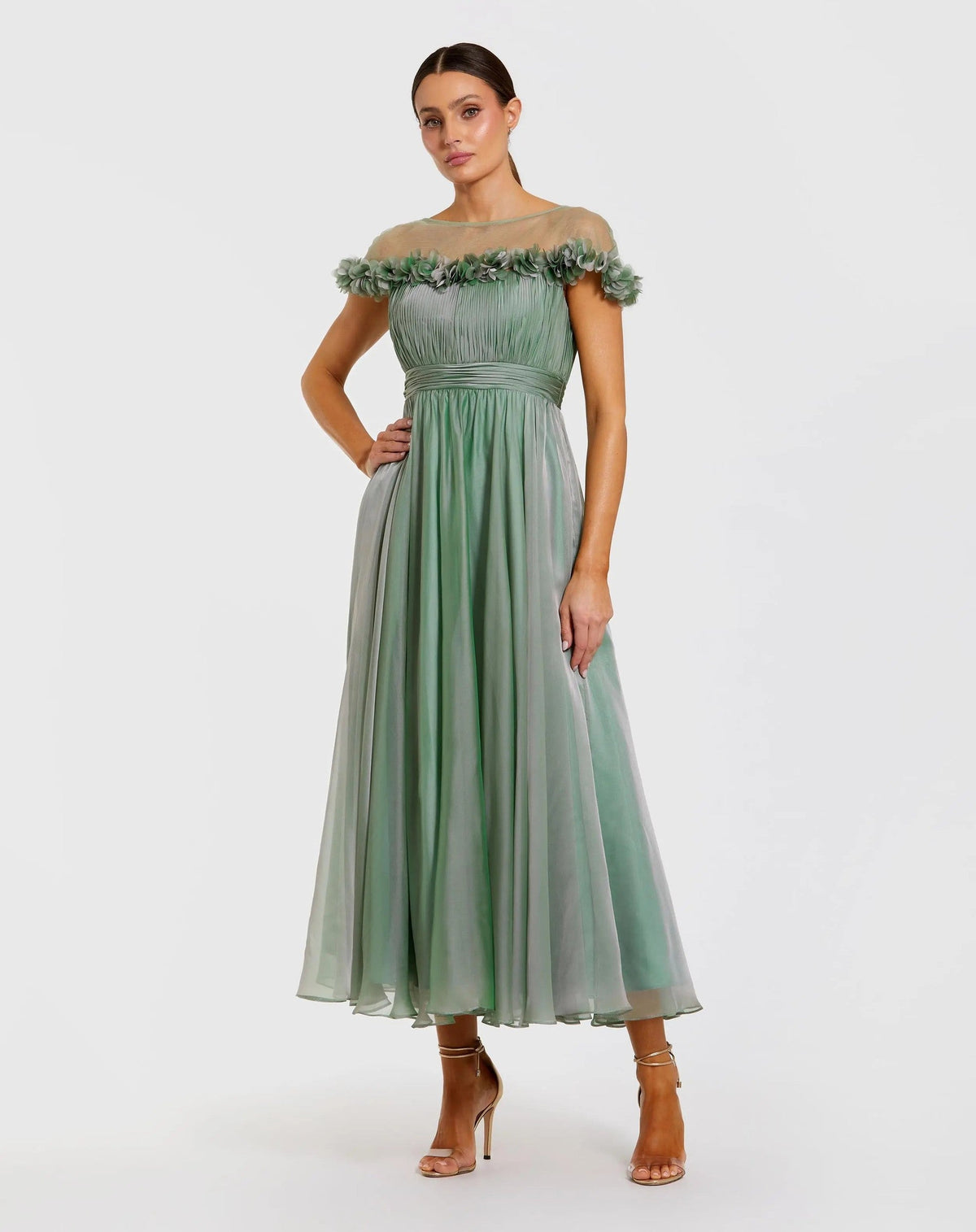 Green Chiffon Illusion Neck Midi Dress With 3D Flowers