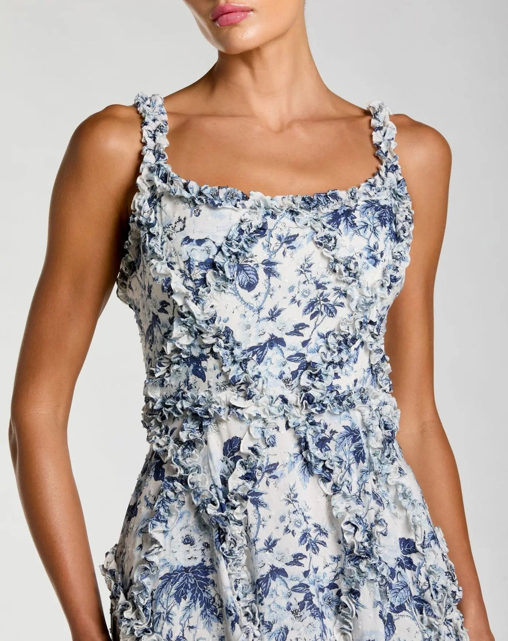 Blue and White Ruffle Scoop Neck Floral A-Line Dress