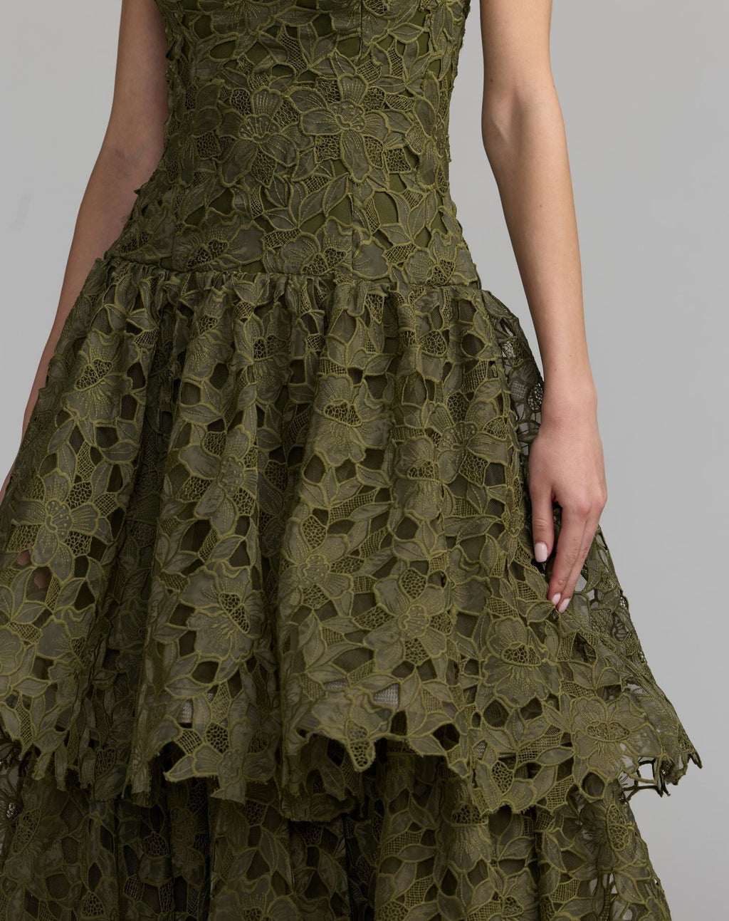Olive Sleeveless Embroidered Lace Tiered Midi Dress