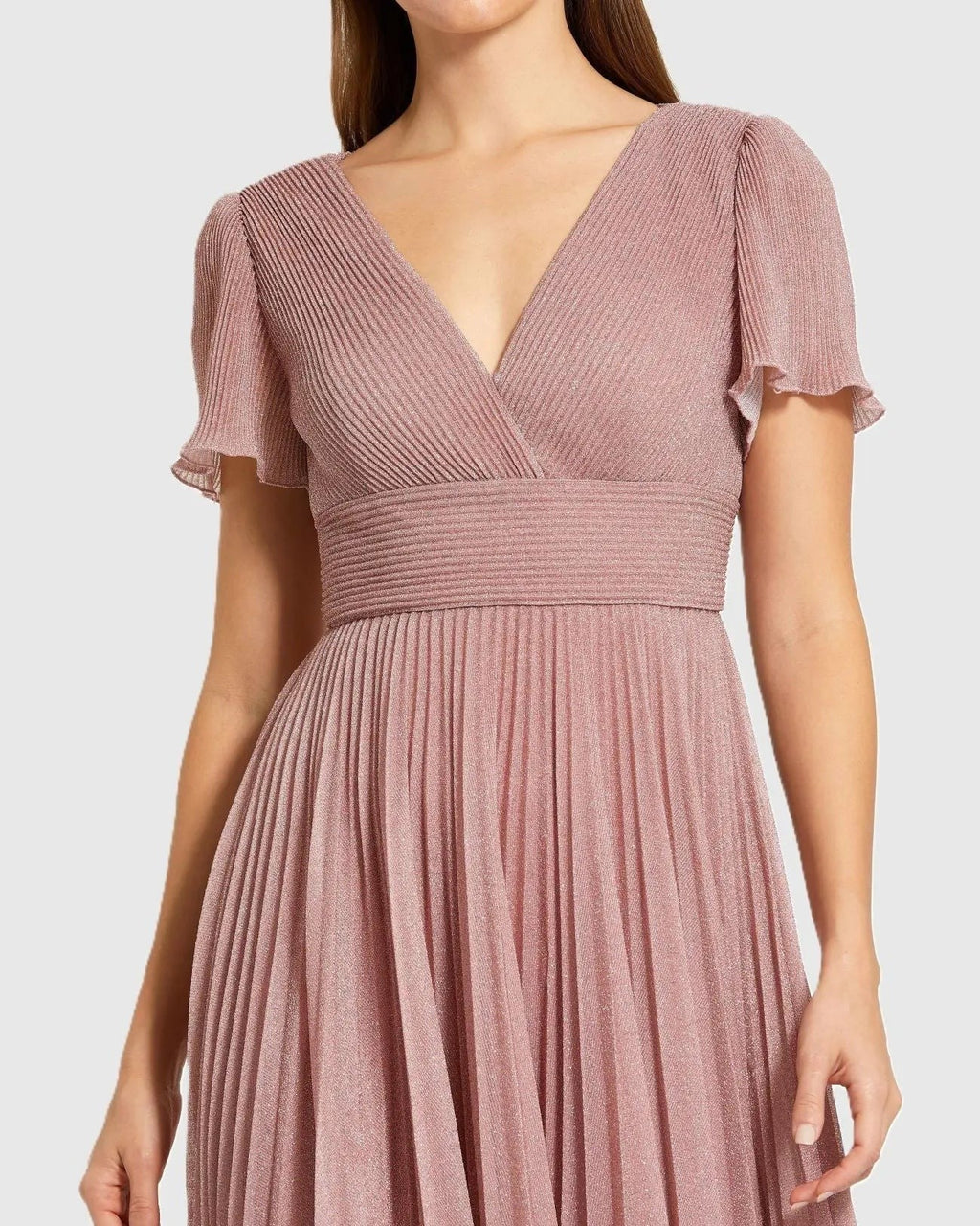 Dusty Rose Pleated Metallic Flutter Sleeve A Line Gown