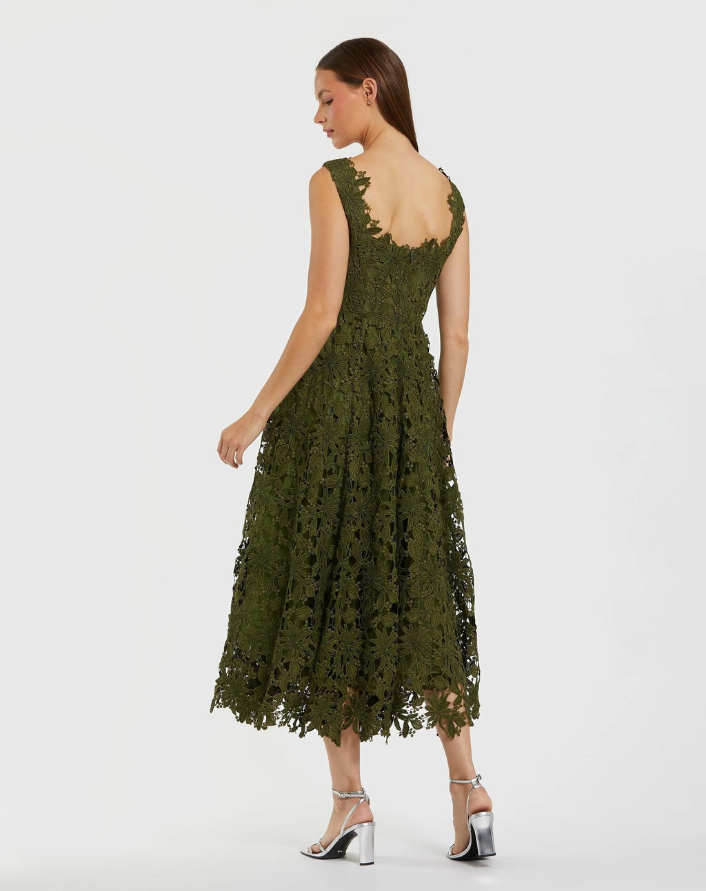 Army Green Sleeveless Embroidered Lace A-Line Midi Dress