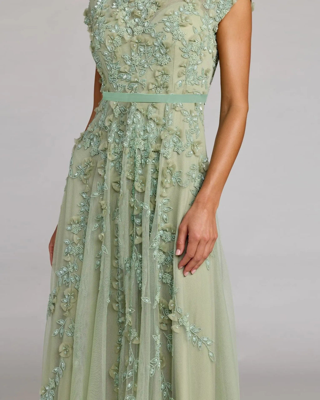 Sage Floral Embellished Cap Sleeve Midi Dress