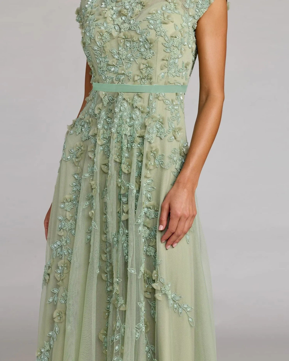 Sage Floral Embellished Cap Sleeve Midi Dress