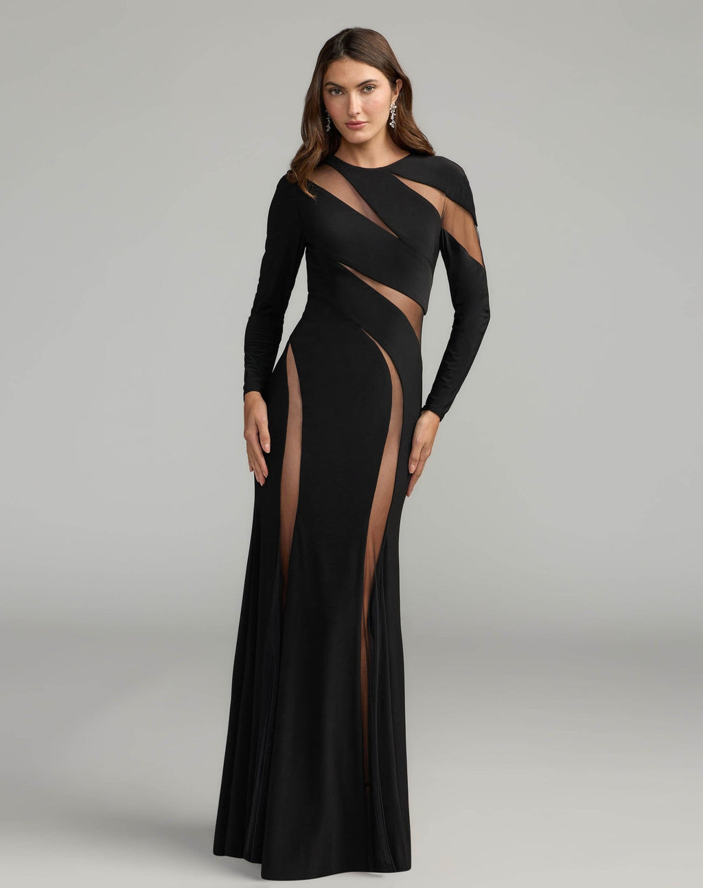 Black Jersey Long Sleeve Illusion Cut Out Gown