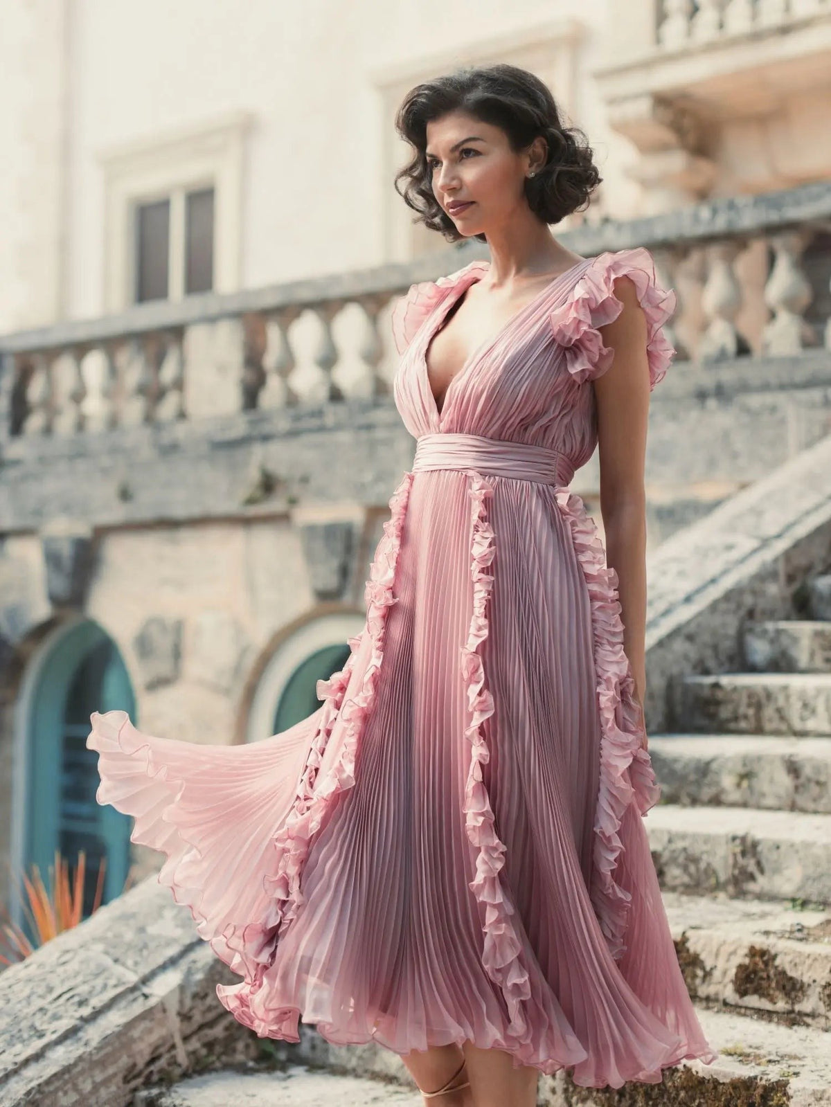 Pink Pleated Chiffon V Neck Ruffle Midi Dress
