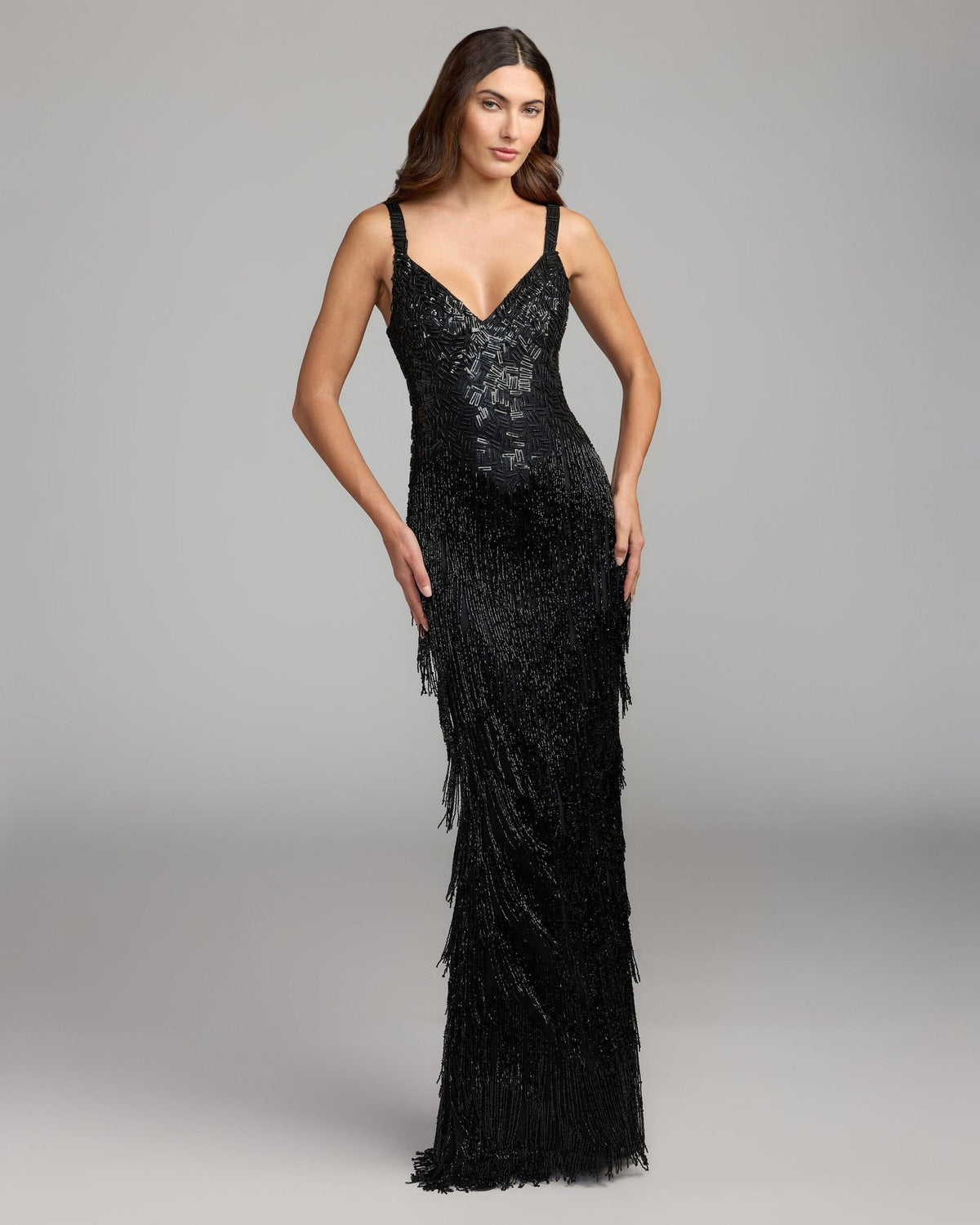 Black Beaded Fringe Sleeveless Gown