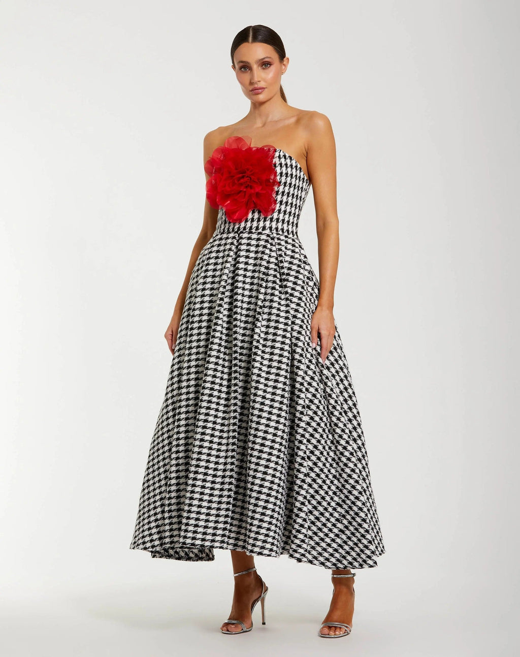 Black and White Strapless Boucle A Line Midi Dress With 3D Flower