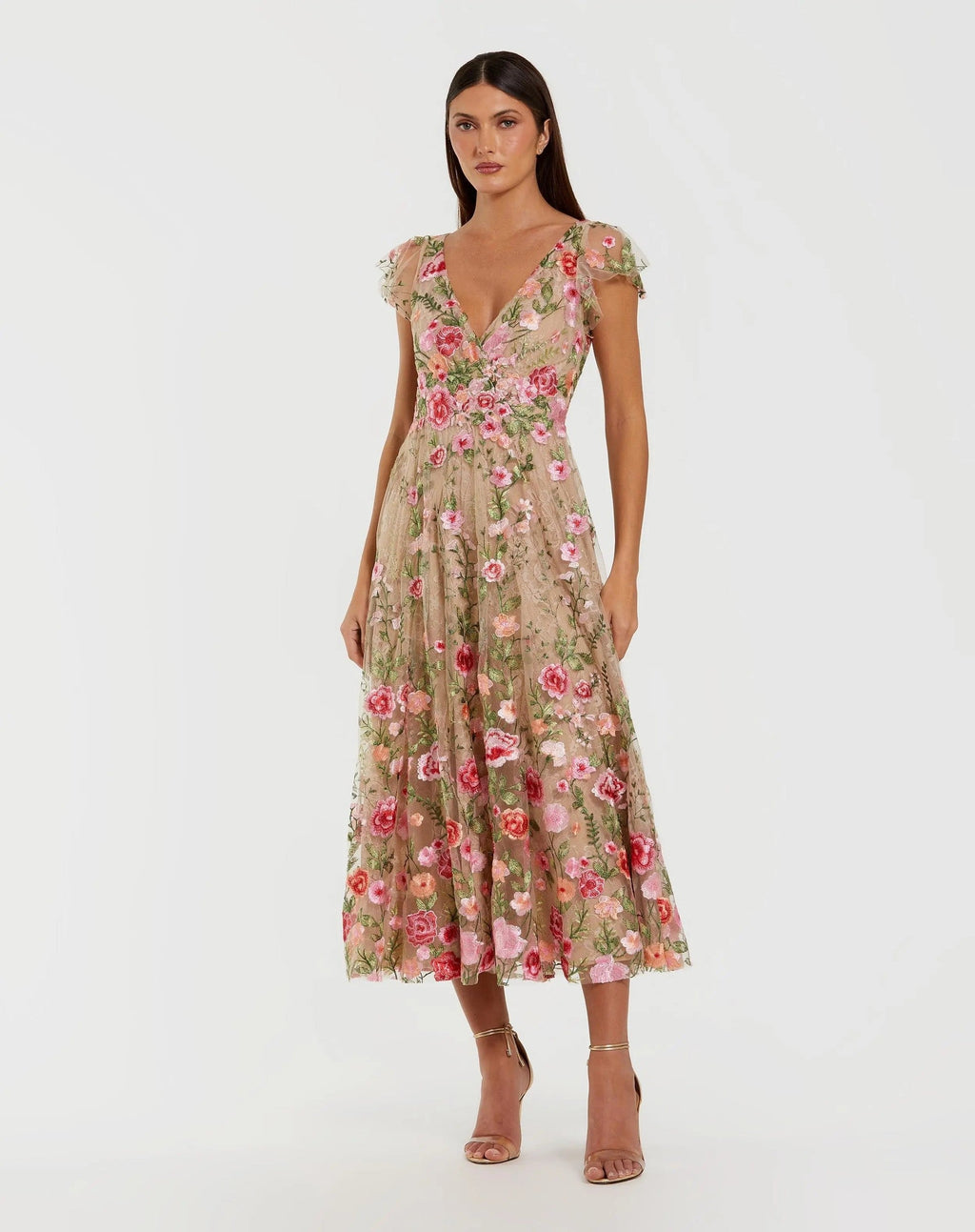 Nude Multi Floral Embroidered Flutter Sleeve Midi Dress