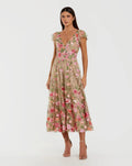 Nude Multi Floral Embroidered Flutter Sleeve Midi Dress