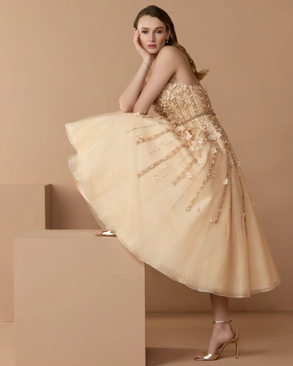 Champagne Strapless Floral Embellished Midi Dress