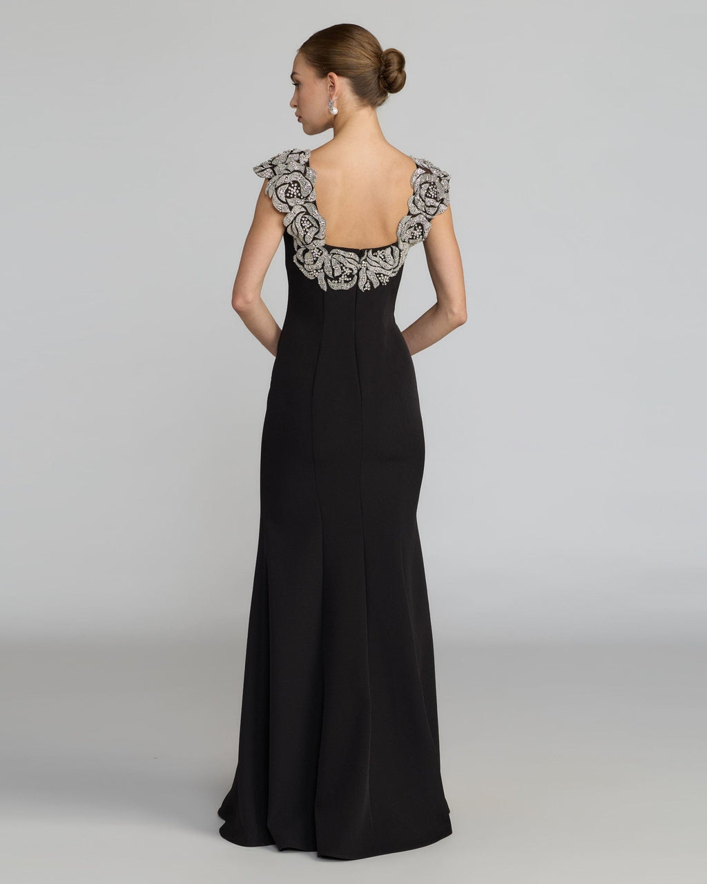 Black Beaded Floral Appliqué Mermaid Gown