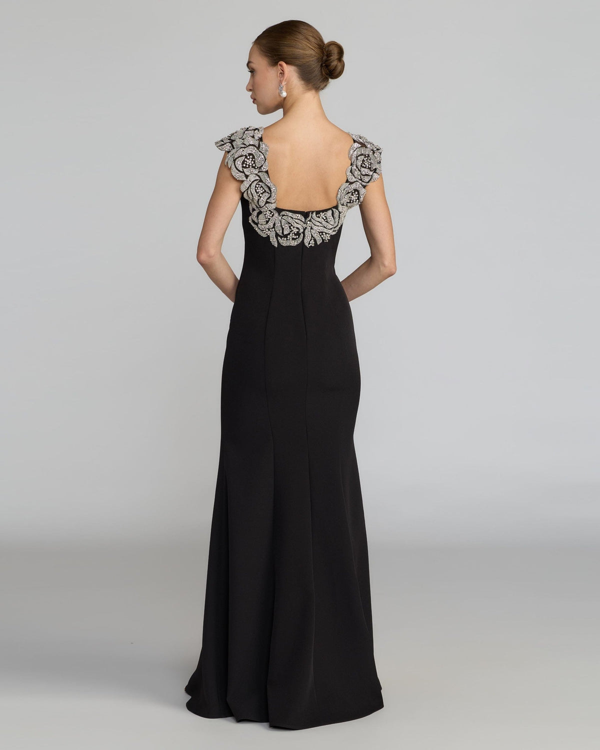 Black Beaded Floral Appliqué Mermaid Gown