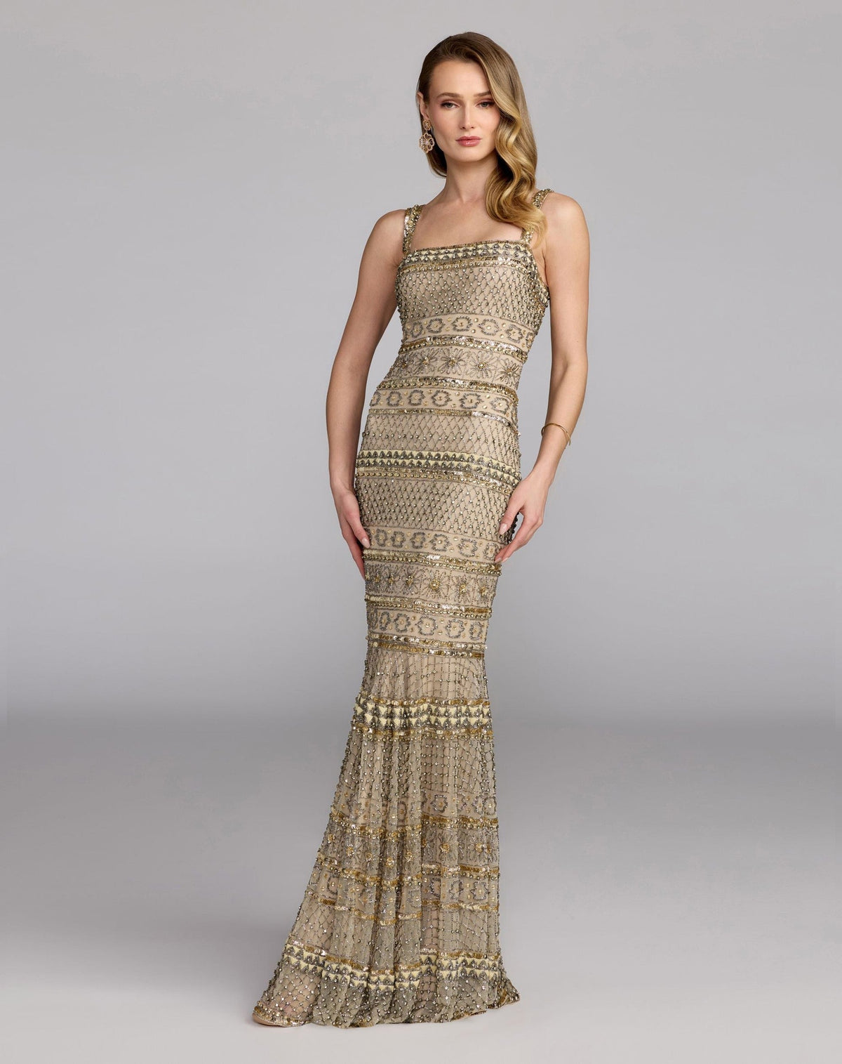 Nude Gold Sleeveless Square Neck Beaded Gown