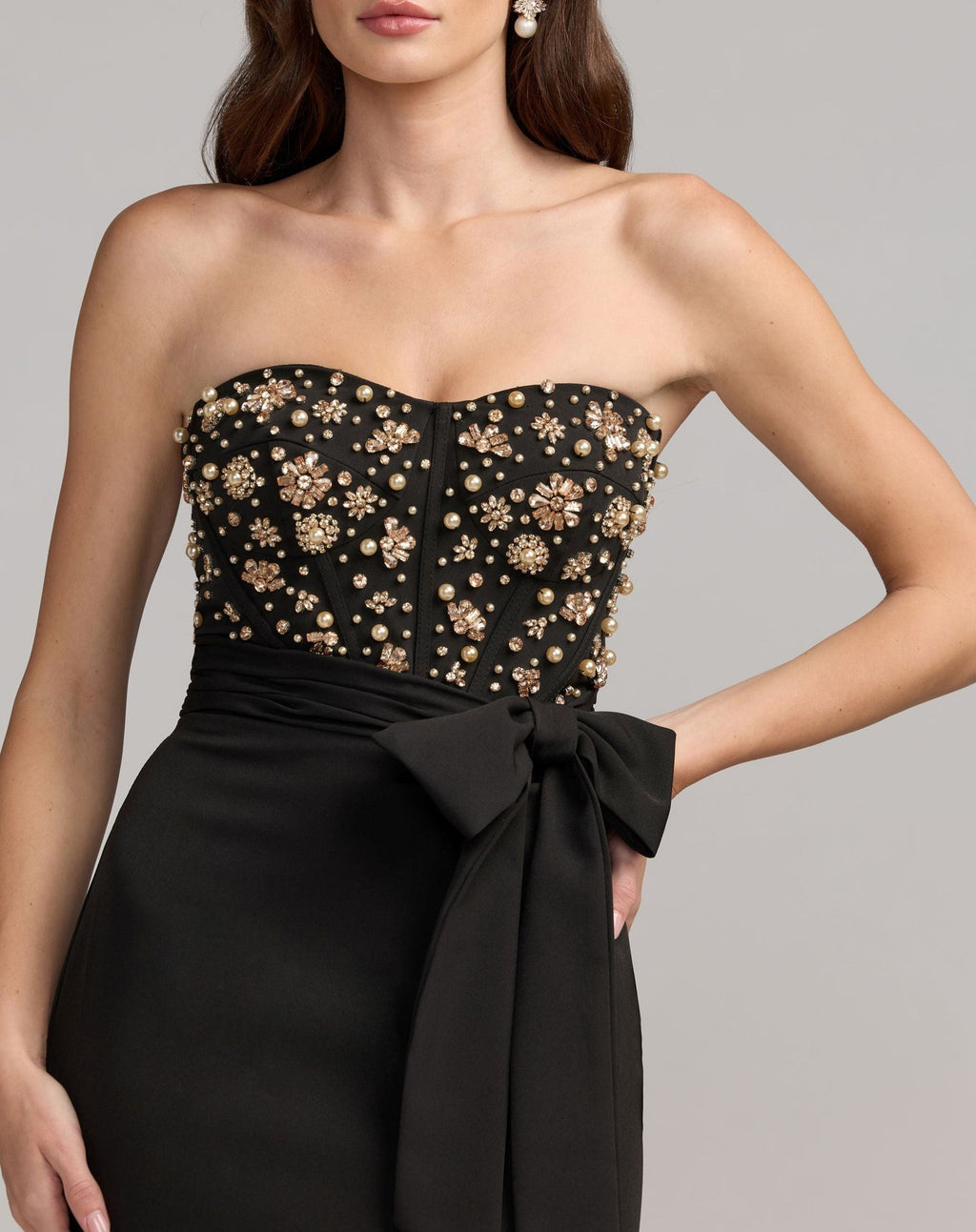 Black Gold Strapless Embellished Bustier Gown with Bow