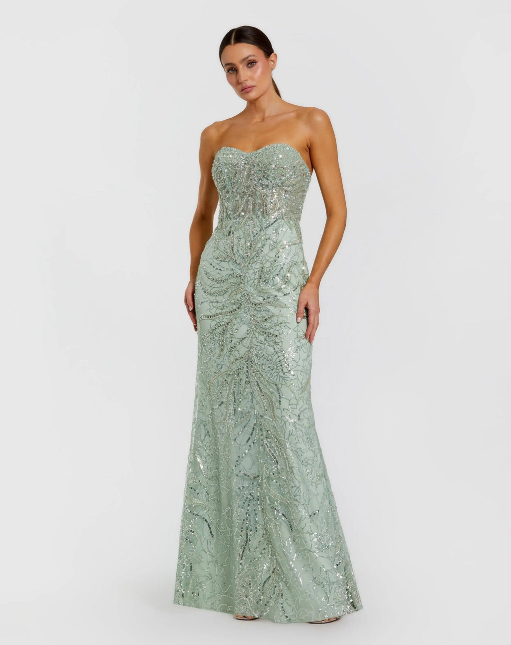 Jade Beaded Sequin Strapless Trumpet Gown