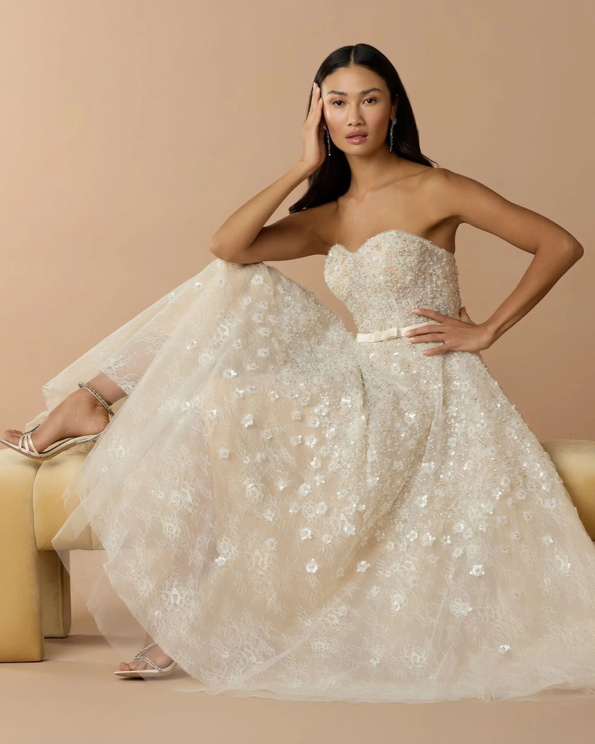 Ivory Strapless Embellished Lace A-Line Midi Dress
