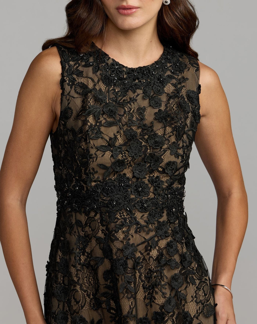 Black Nude Floral Embroidered High Neck Midi Dress