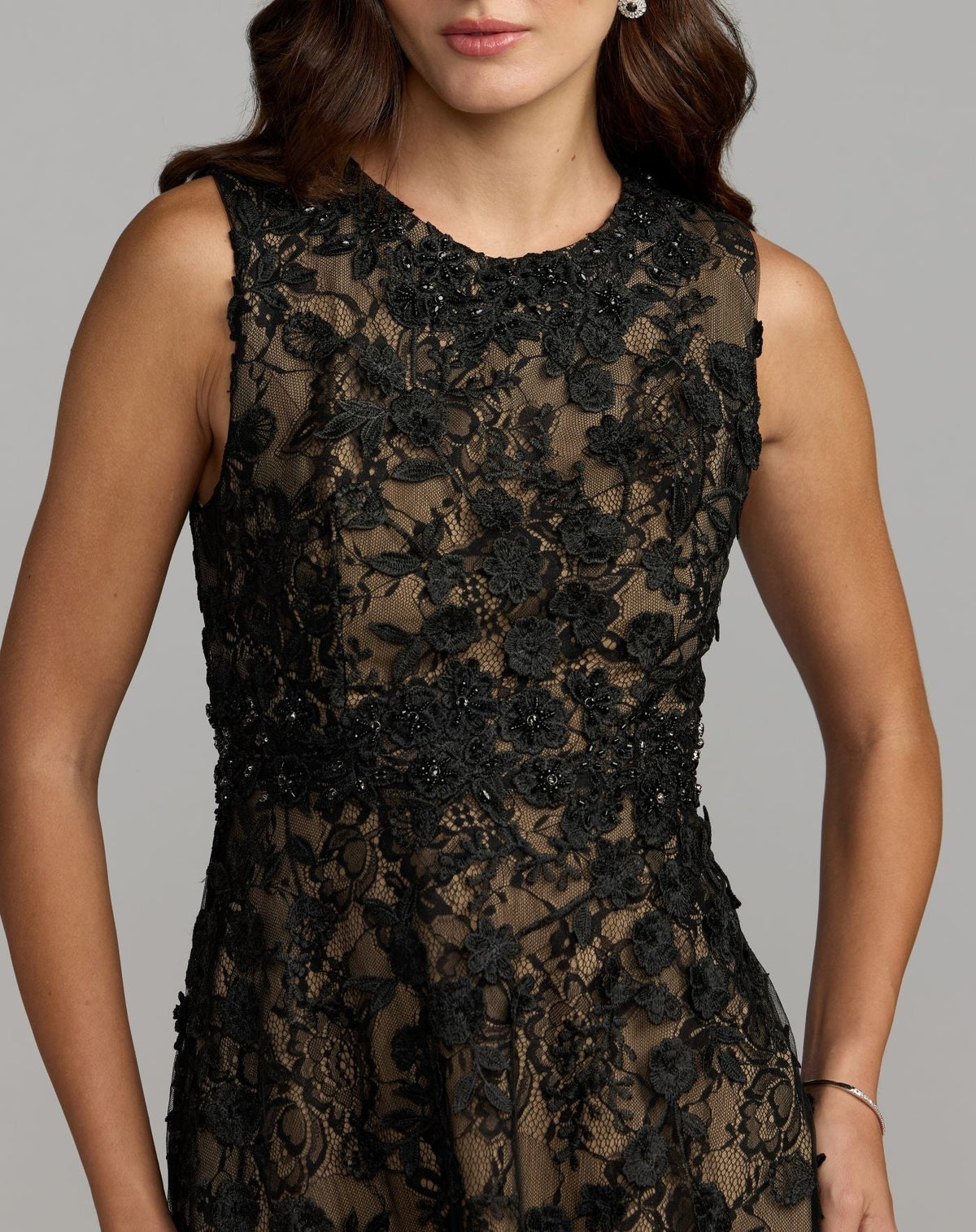 Black Nude Floral Embroidered High Neck Midi Dress