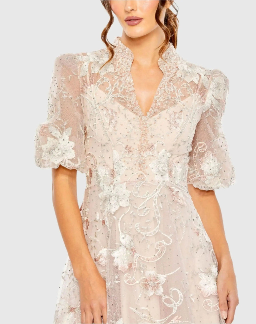 Petite Blush Queen Anne Puff Sleeve A-Line Gown