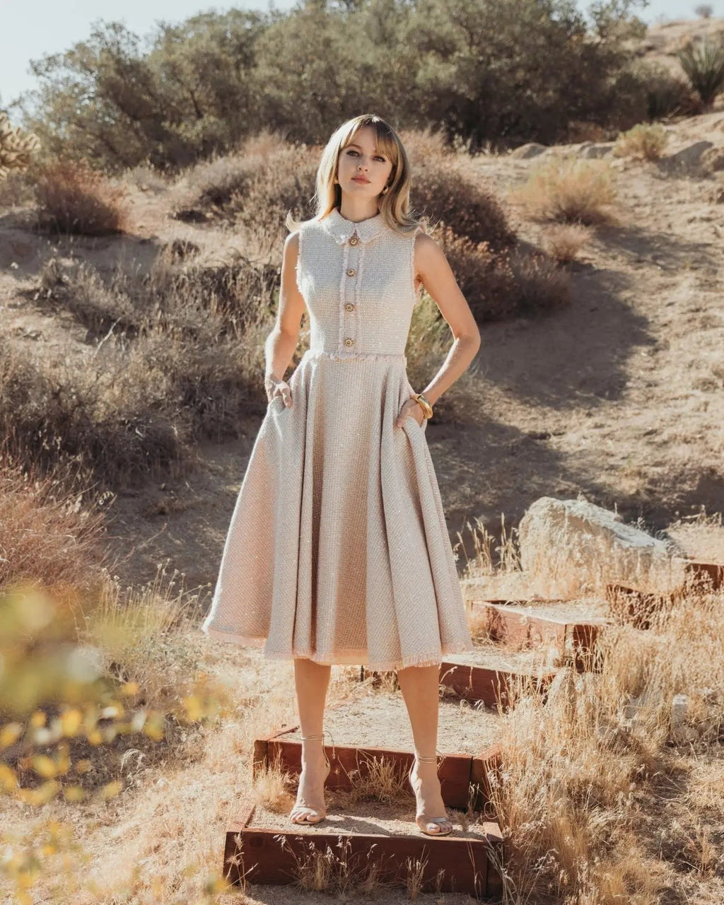 Pink Boucle Sleeveless Collared Button Up Midi Dress