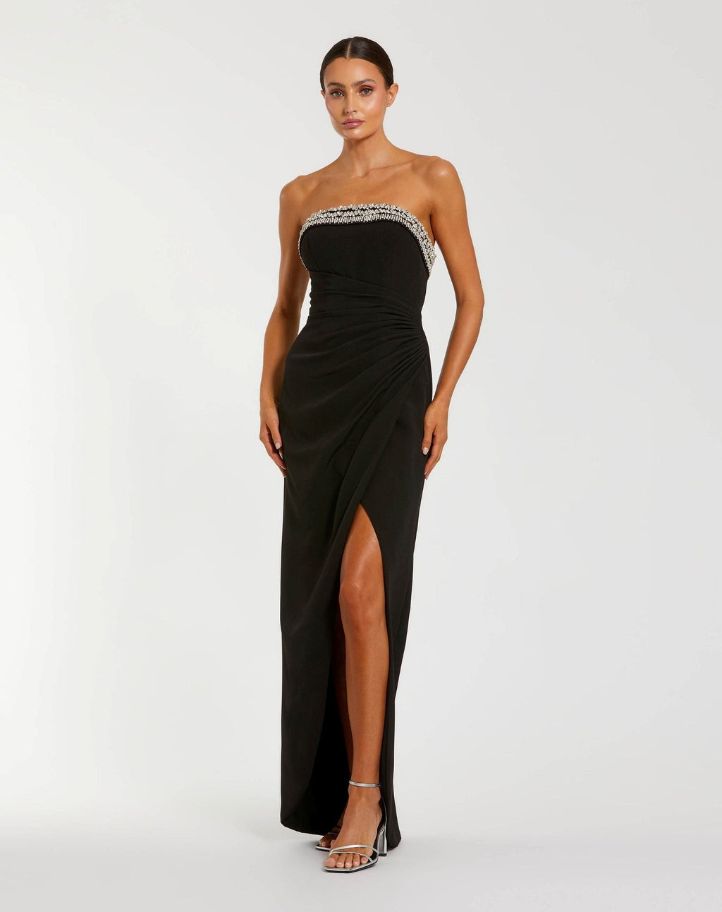 Black Rhinestone Embellished Strapless Column Gown