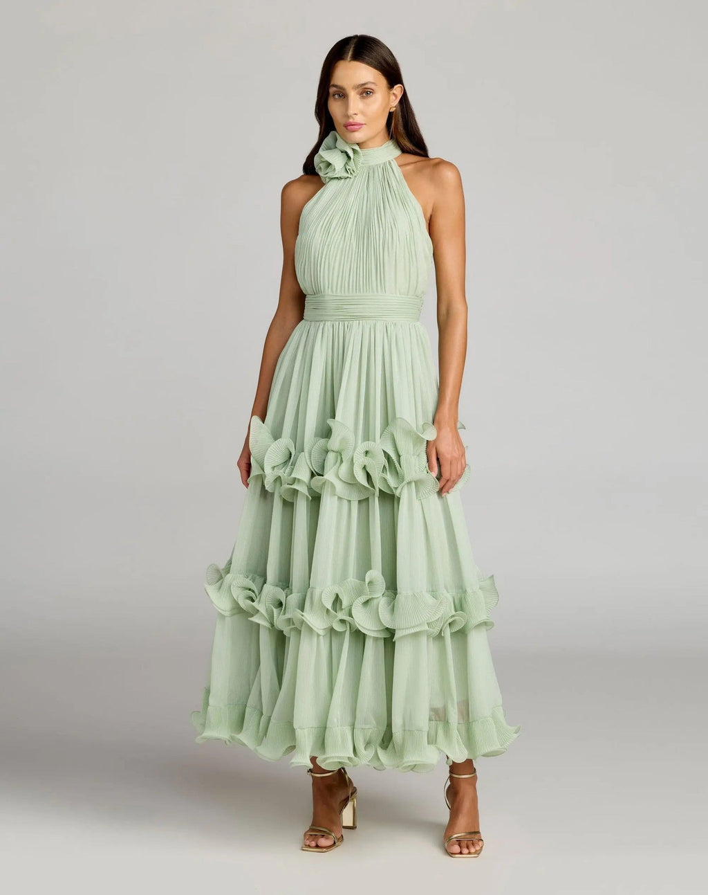 Green Sleeveless Chiffon Halter Neck Ruffle Midi Dress