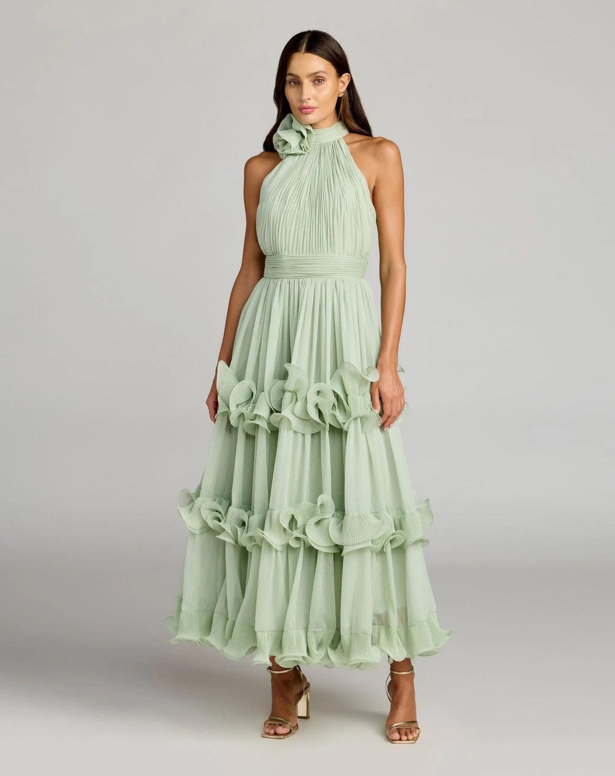 Green Sleeveless Chiffon Halter Neck Ruffle Midi Dress