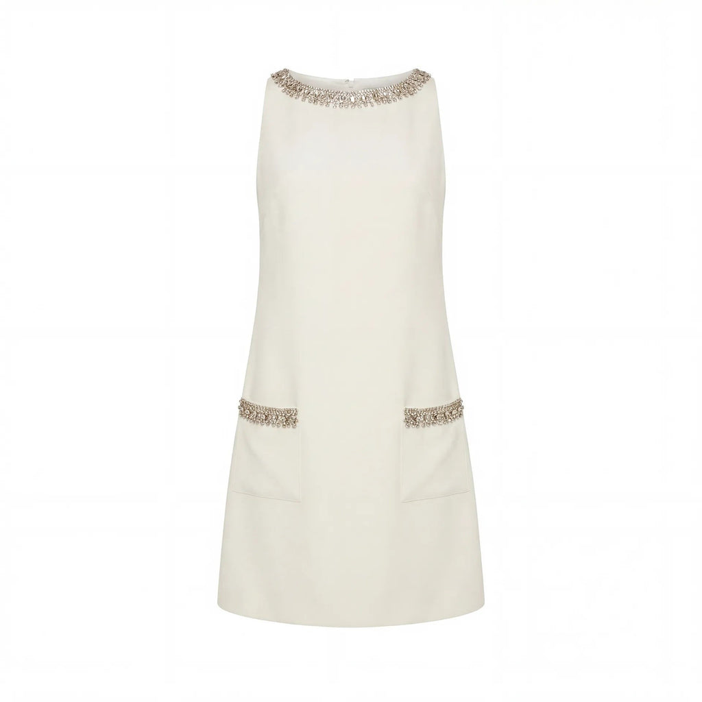 Ivory Sleeveless Shift Mini Dress with Rhinestone Trim