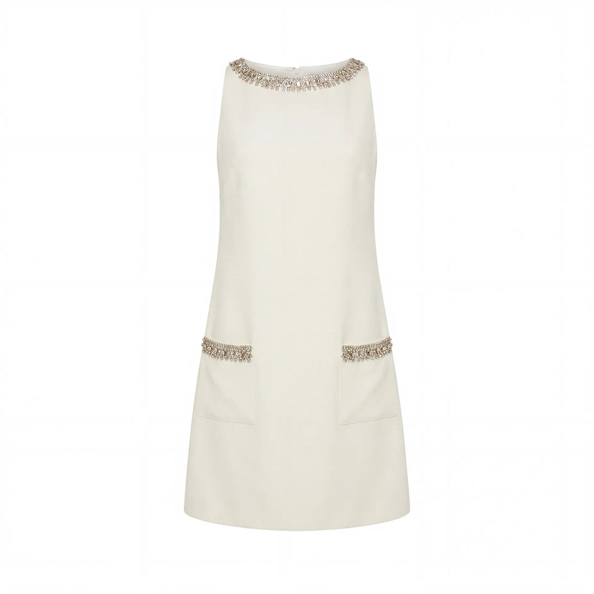 Ivory Sleeveless Shift Mini Dress with Rhinestone Trim