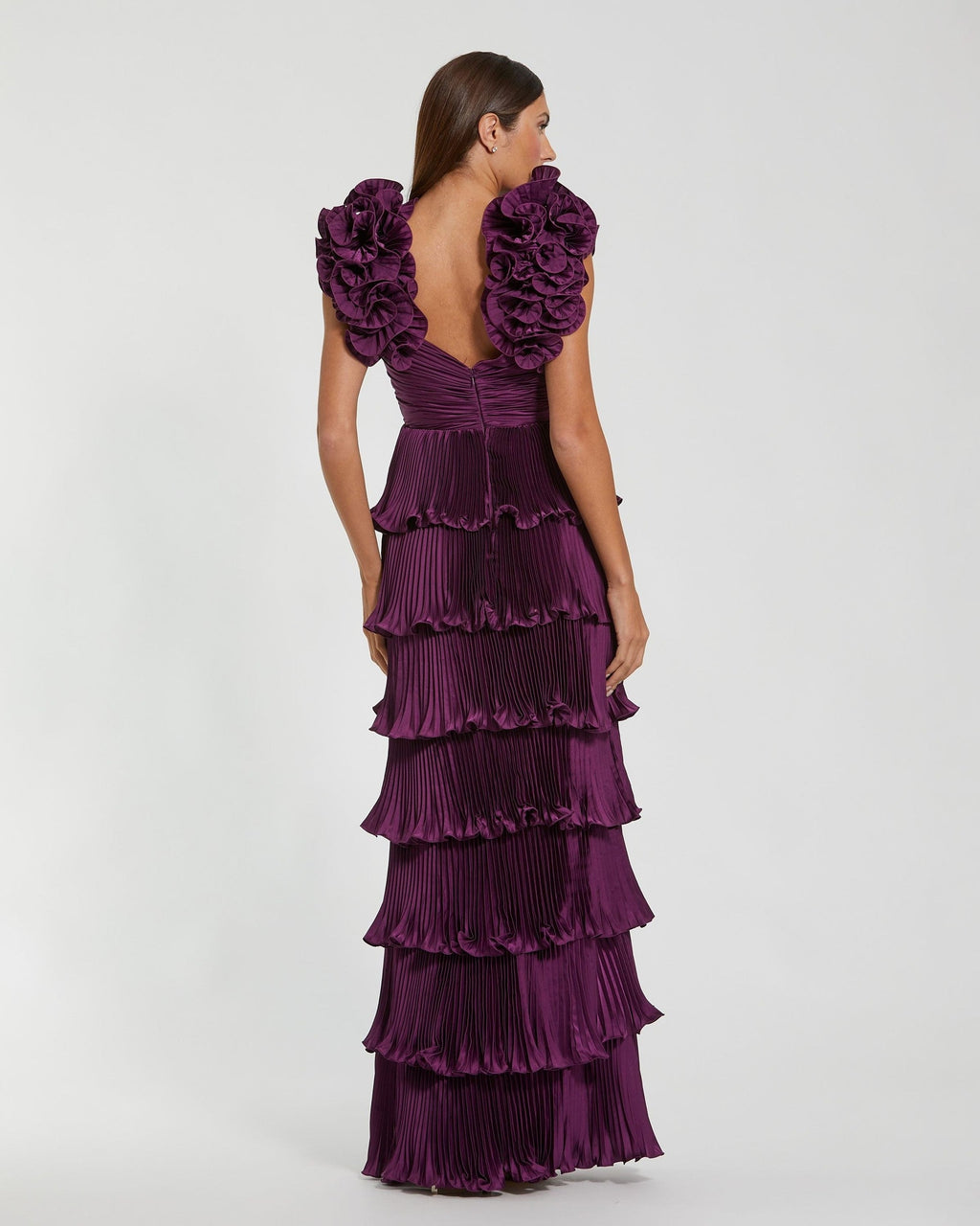 Aubergine Pleated Charmeuse Tiered Gown With Ruffle Straps