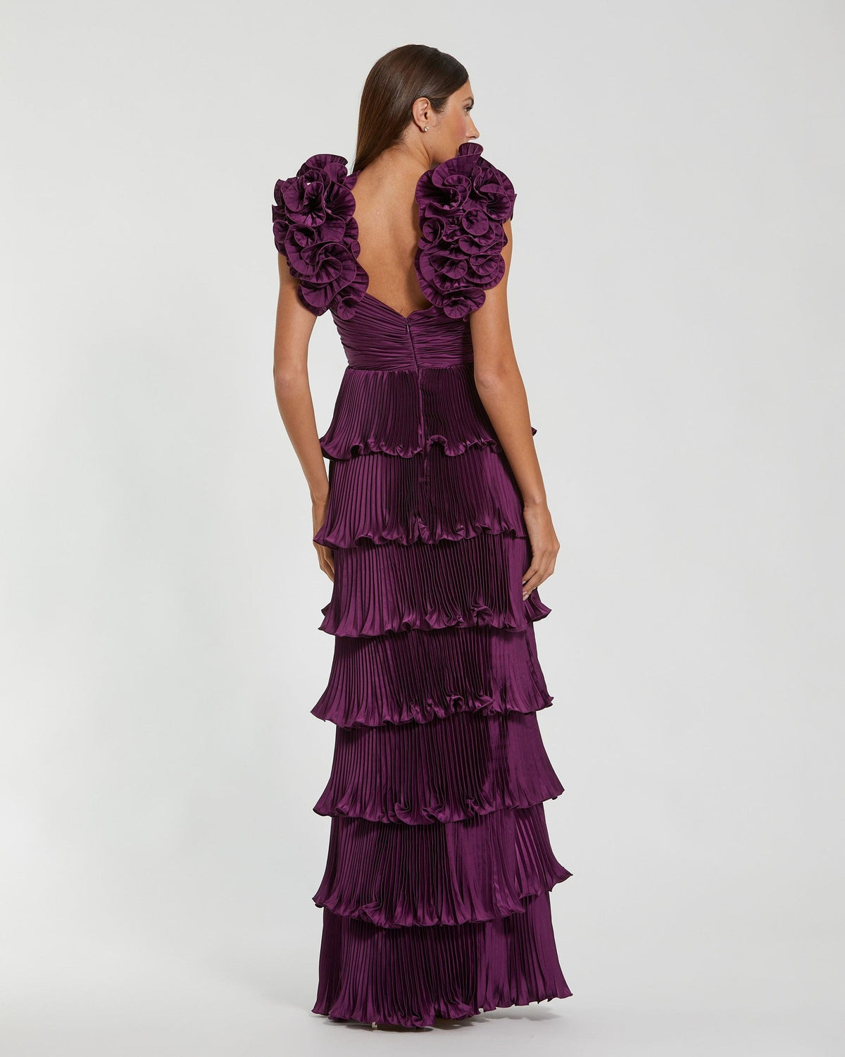 Aubergine Pleated Charmeuse Tiered Gown With Ruffle Straps