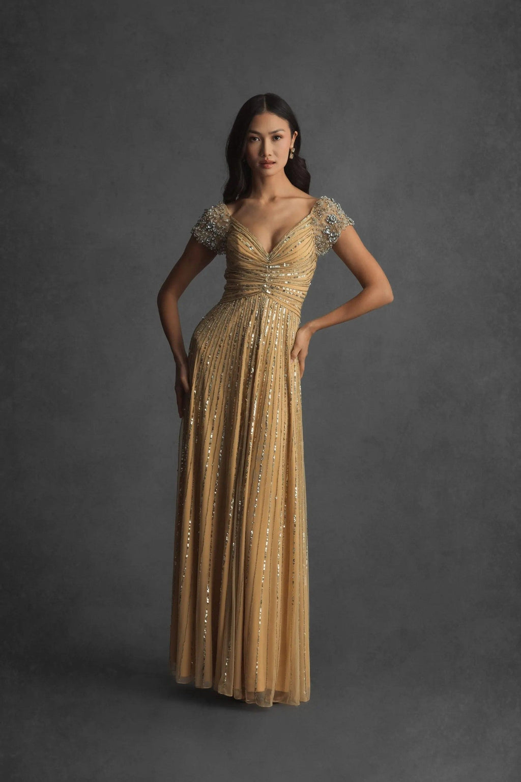 Gold Embellished V-Neck Cap Sleeve Gown