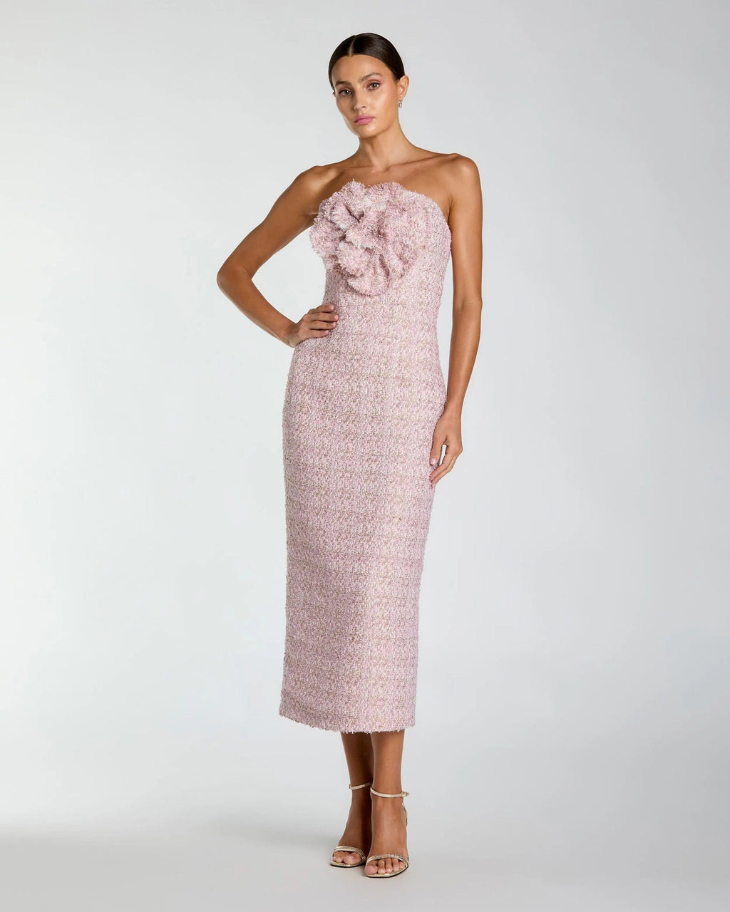 Lilac Strapless Boucle Midi Dress With 3D Flower