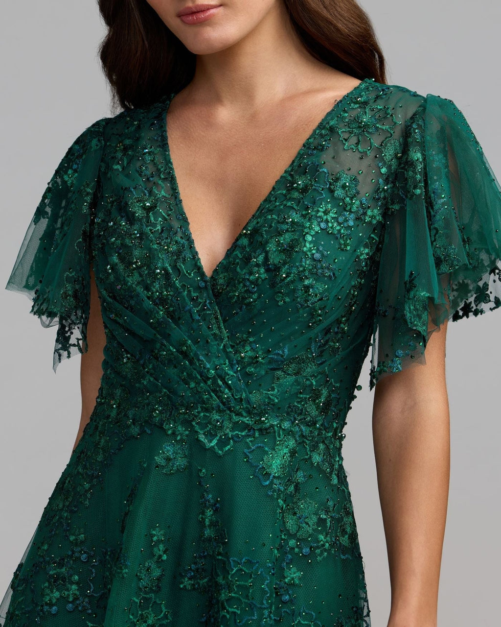 Emerald Embroidered Flutter Sleeve A Line Cocktail Dress