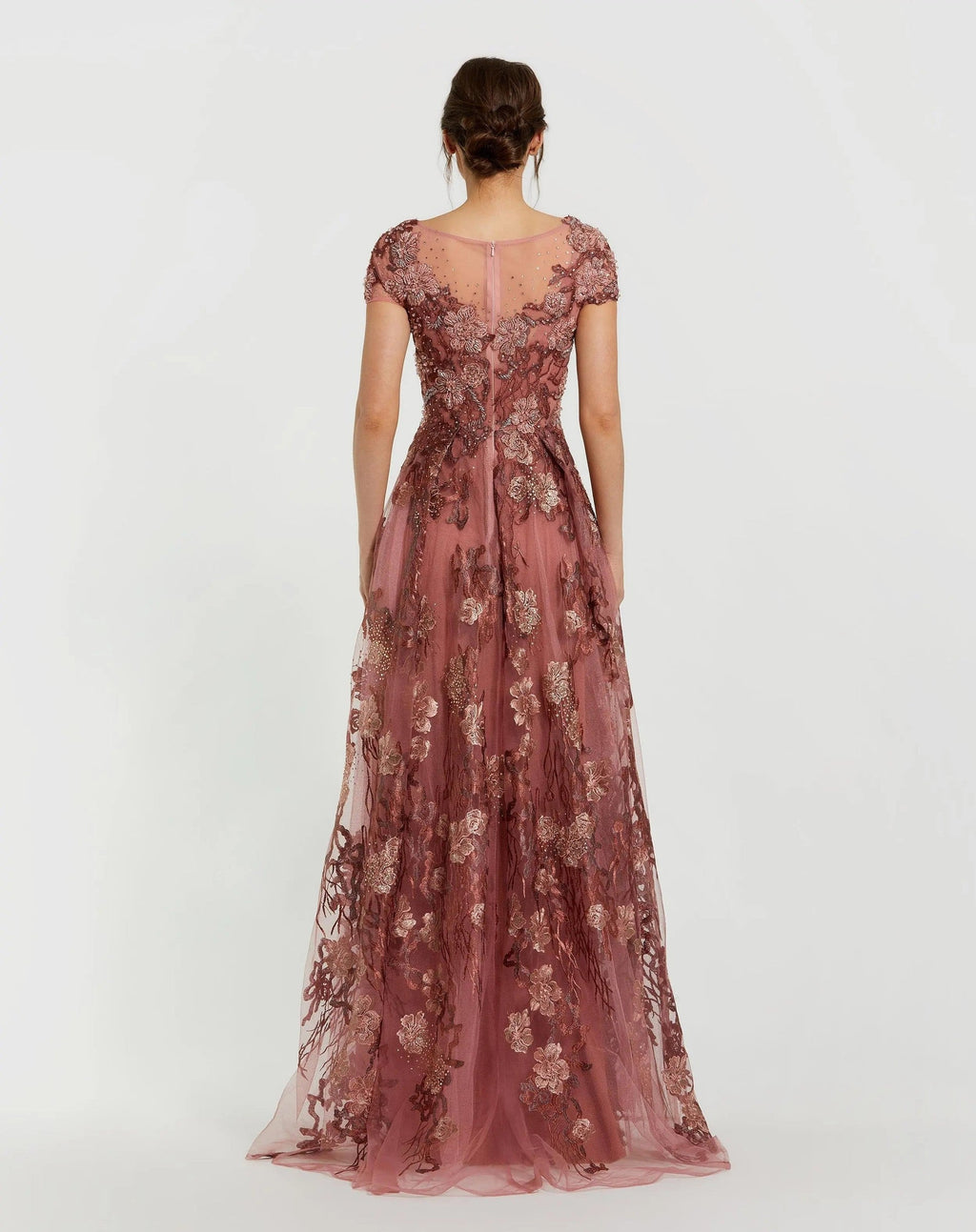 Cinnamon Floral Embroidered Cap Sleeve Evening Gown