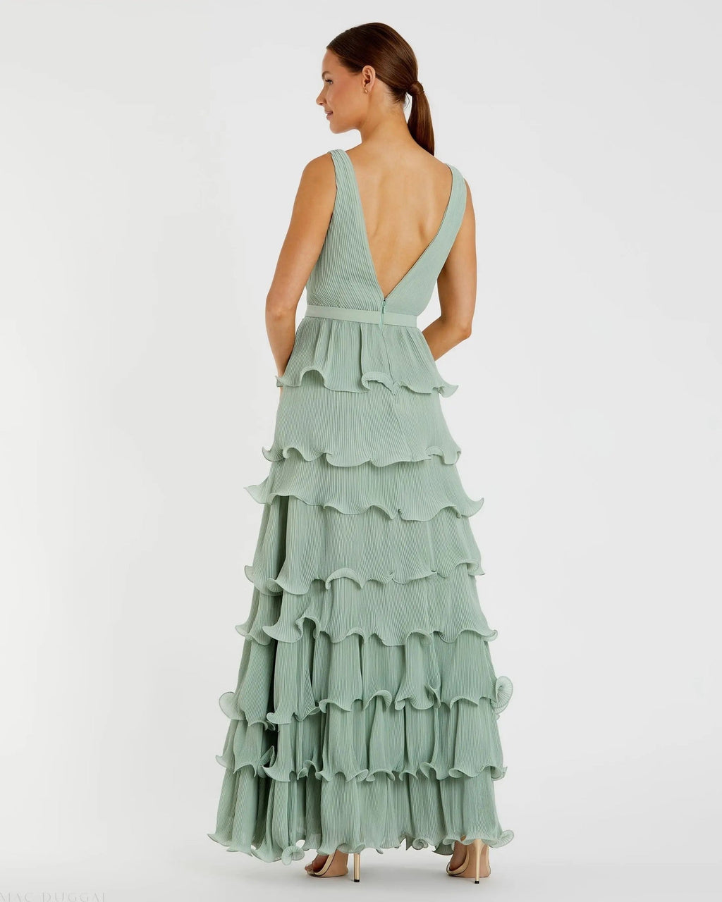 Green Sleeveless Ruffle Tiered V Neck Gown