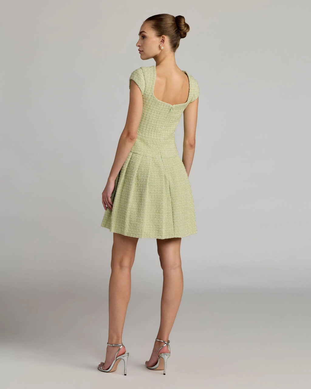 Sage Tweed Cap Sleeve Pleated Mini Dress