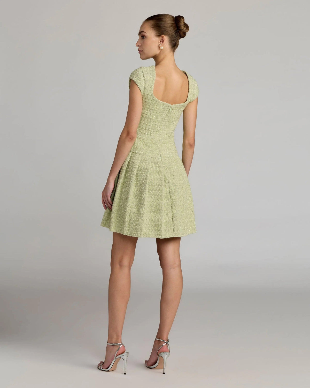 Sage Tweed Cap Sleeve Pleated Mini Dress