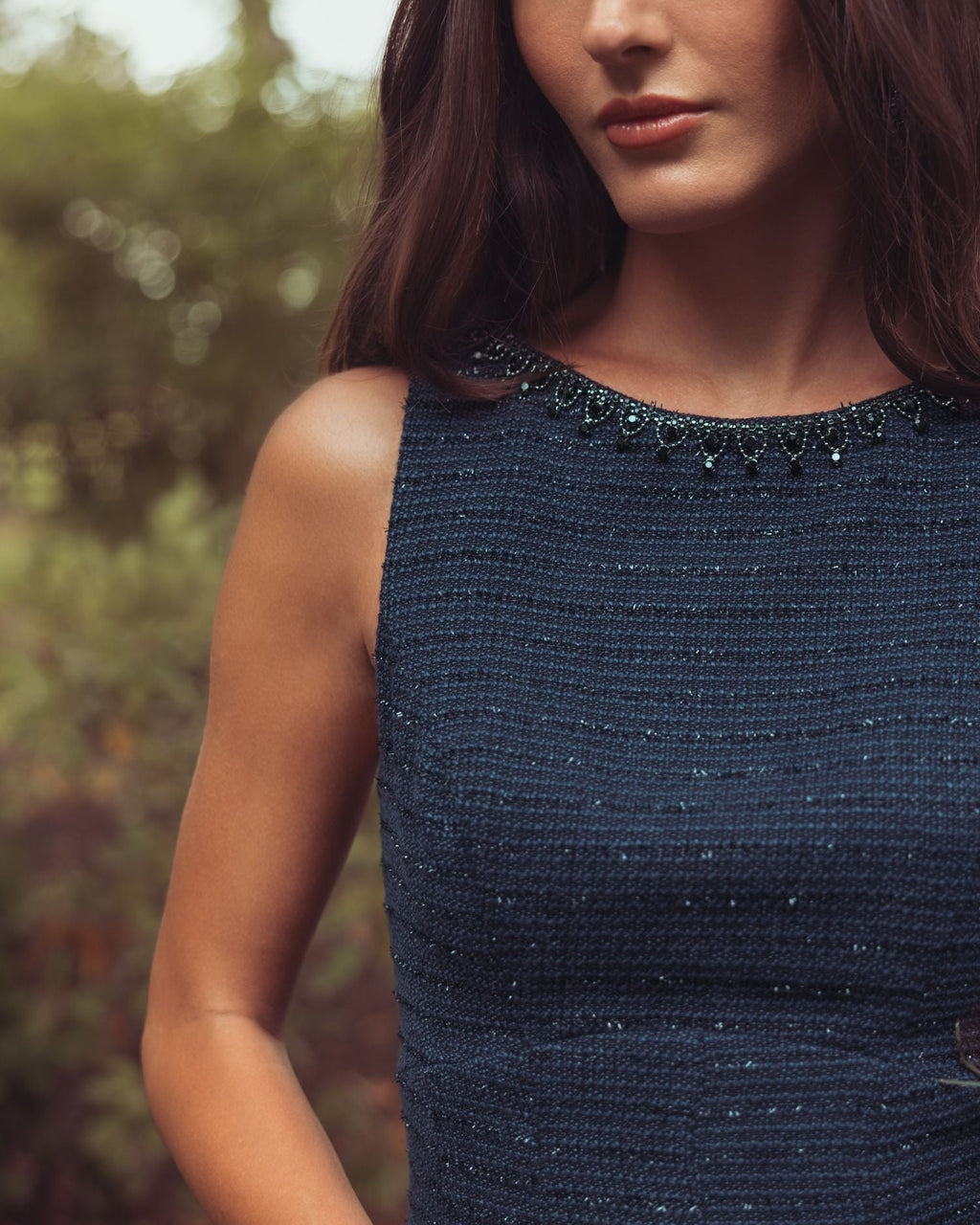 Navy Sleeveless A-Line Boucle Midi Dress