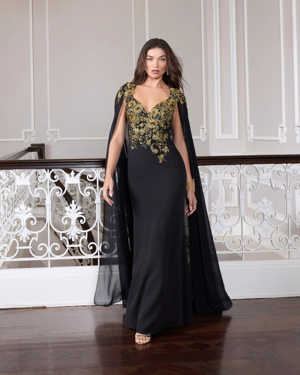 Black Gold Embellished Column Gown with Chiffon Cape Sleeves