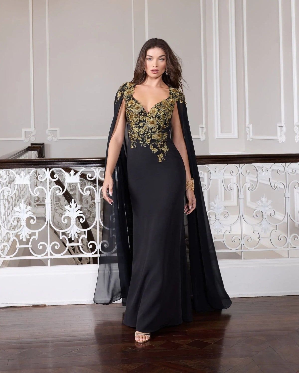 Black Gold Embellished Column Gown with Chiffon Cape Sleeves