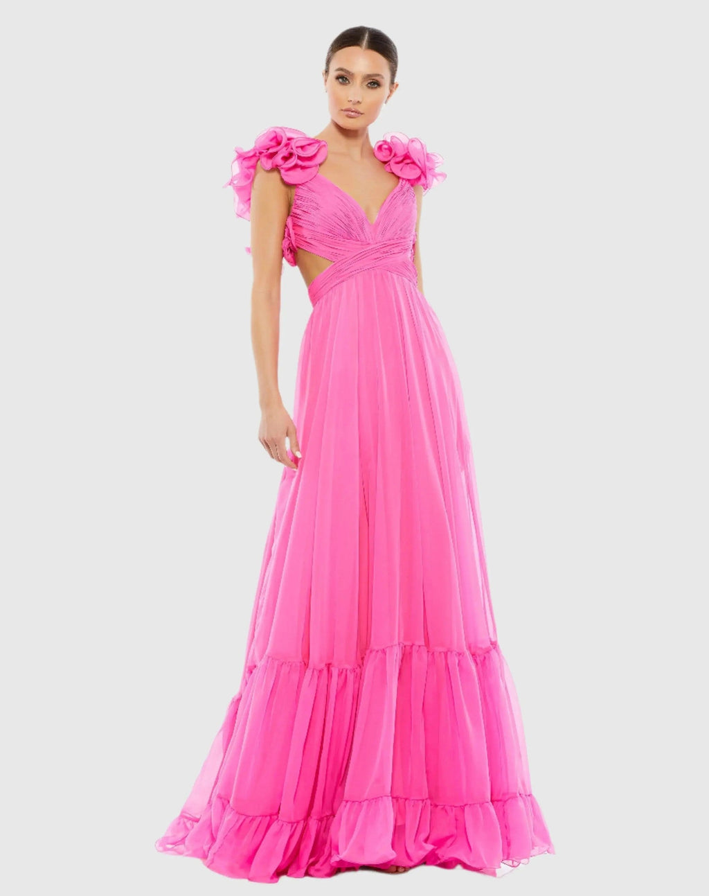 Dark Pink Ruffle Tiered Cut-Out Chiffon Gown