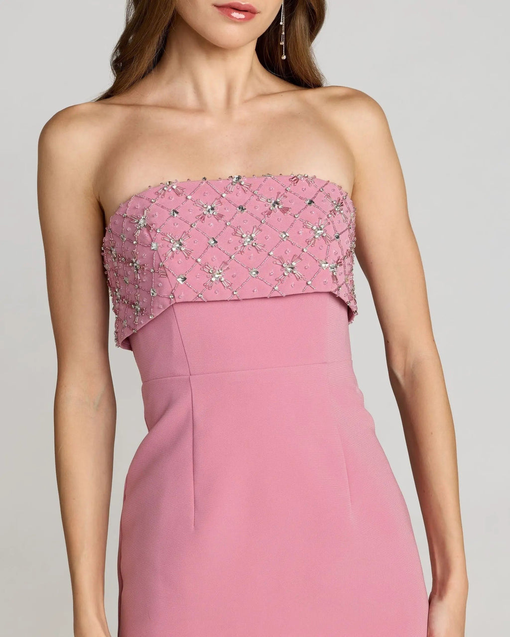 Orchid Strapless Crepe Midi Dress With Rhinestone Detail