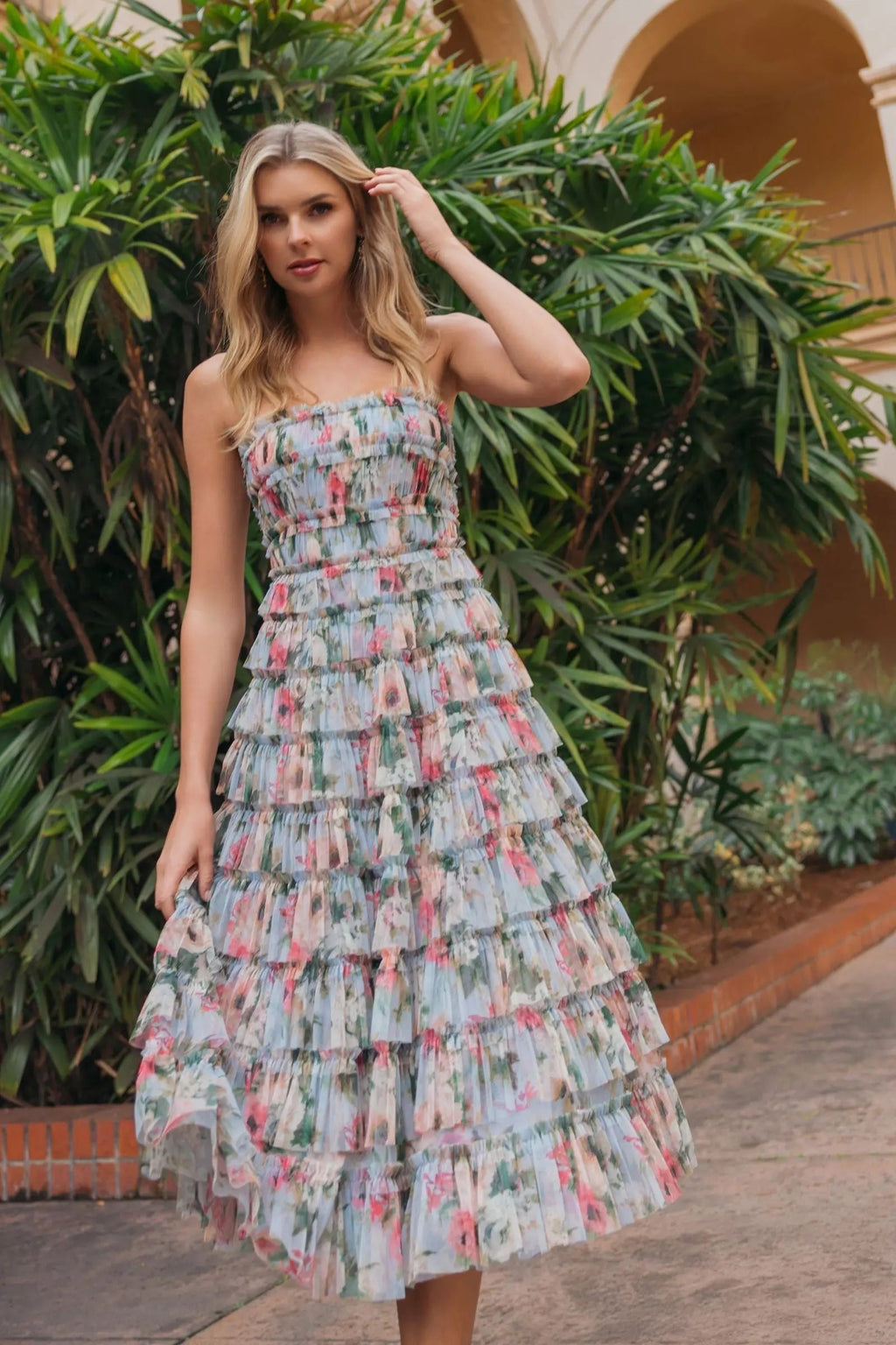 Blue Multi Floral Tiered Strapless Midi Dress
