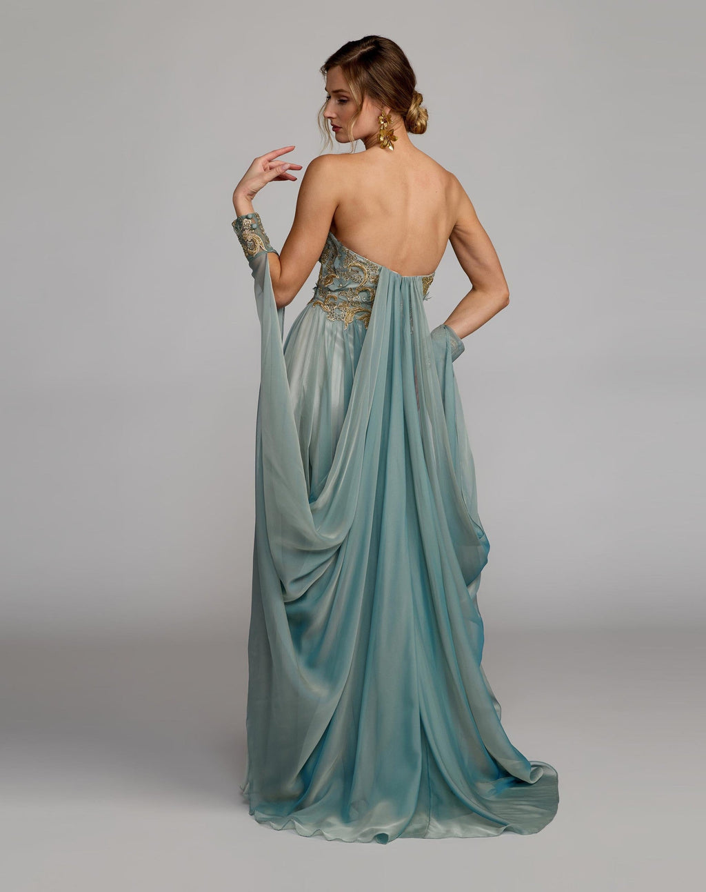 Seafoam Strapless Embellished Chiffon Cape Gown