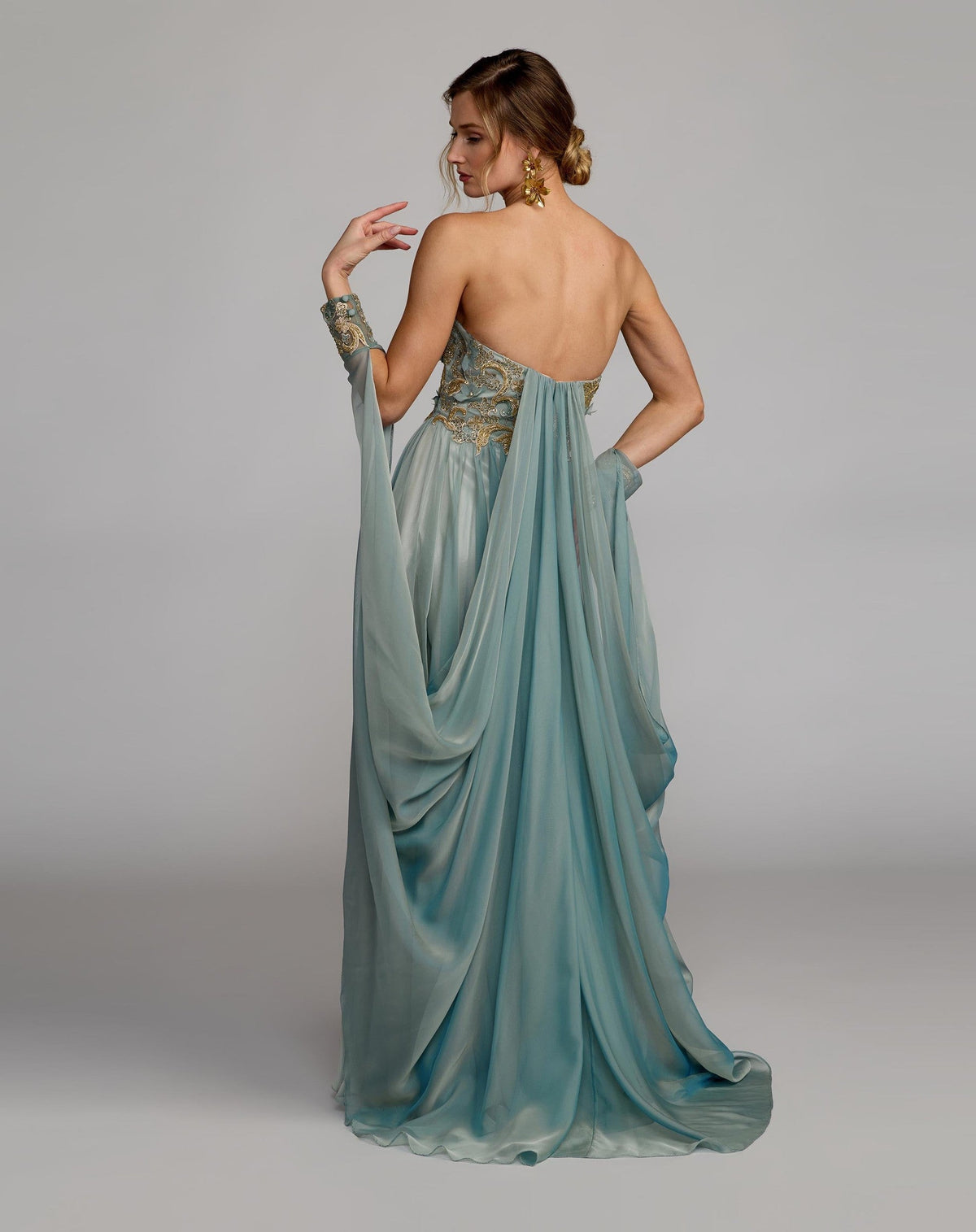 Seafoam Strapless Embellished Chiffon Cape Gown